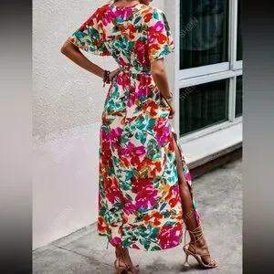 SHEIN VCAY Floral Print Butterfly Sleeve Split Thigh Belted Dress